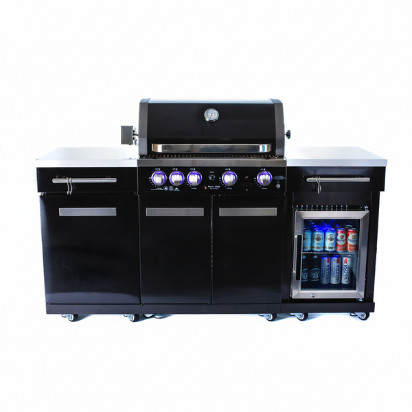 Premium 70" Black Stainless Steel Outdoor Kitchen Island with Refrigerator + 32"W 4-Burner BBQ Grill with Rear Burner